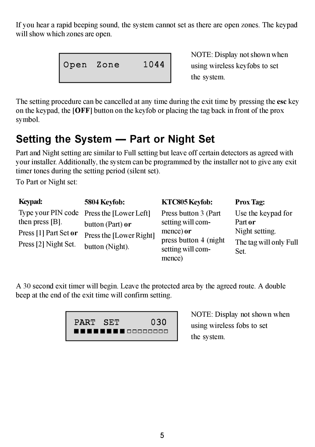 Honeywell Galaxy 2 manual Setting the System - Part or Night Set, Open Zone, 1044, Part Set, Keypad, Keyfob, Prox Tag 