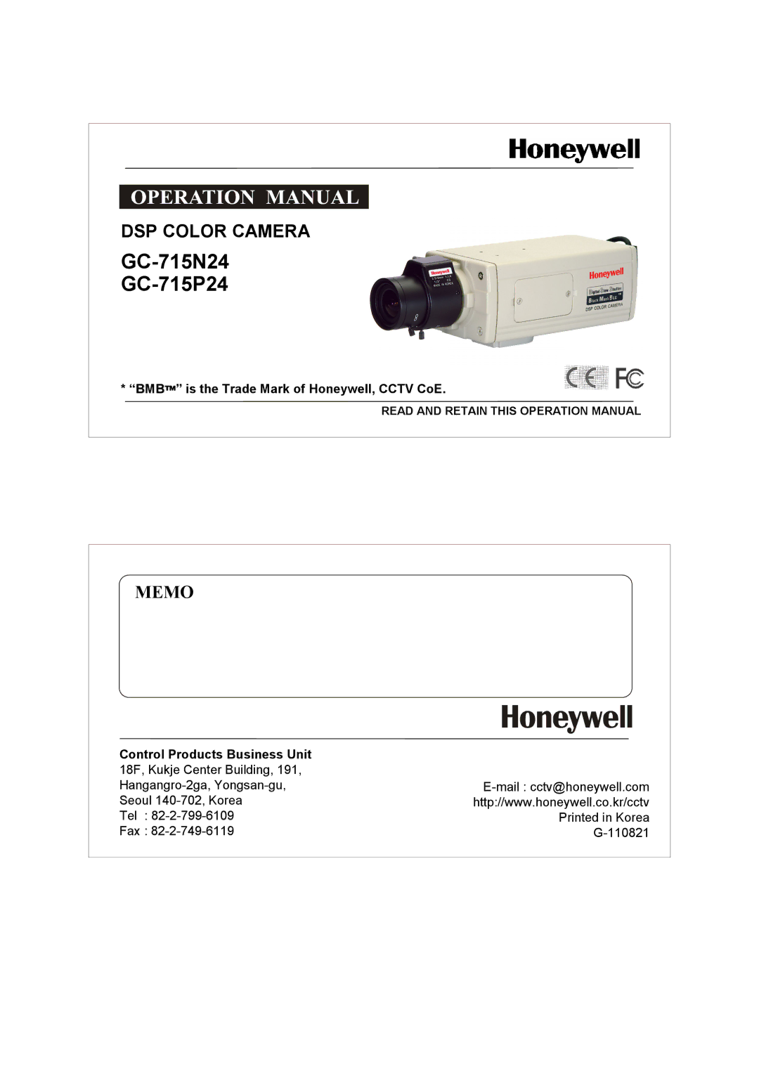 Honeywell GC-715P24 operation manual Bmbtm is the Trade Mark of Honeywell, Cctv CoE, Control Products Business Unit 