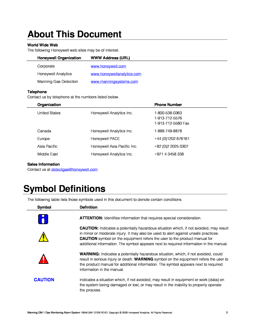 Honeywell 19546GM1, GM-1 About This Document, Symbol Definitions, World Wide Web, Honeywell Organization, WWW Address URL 
