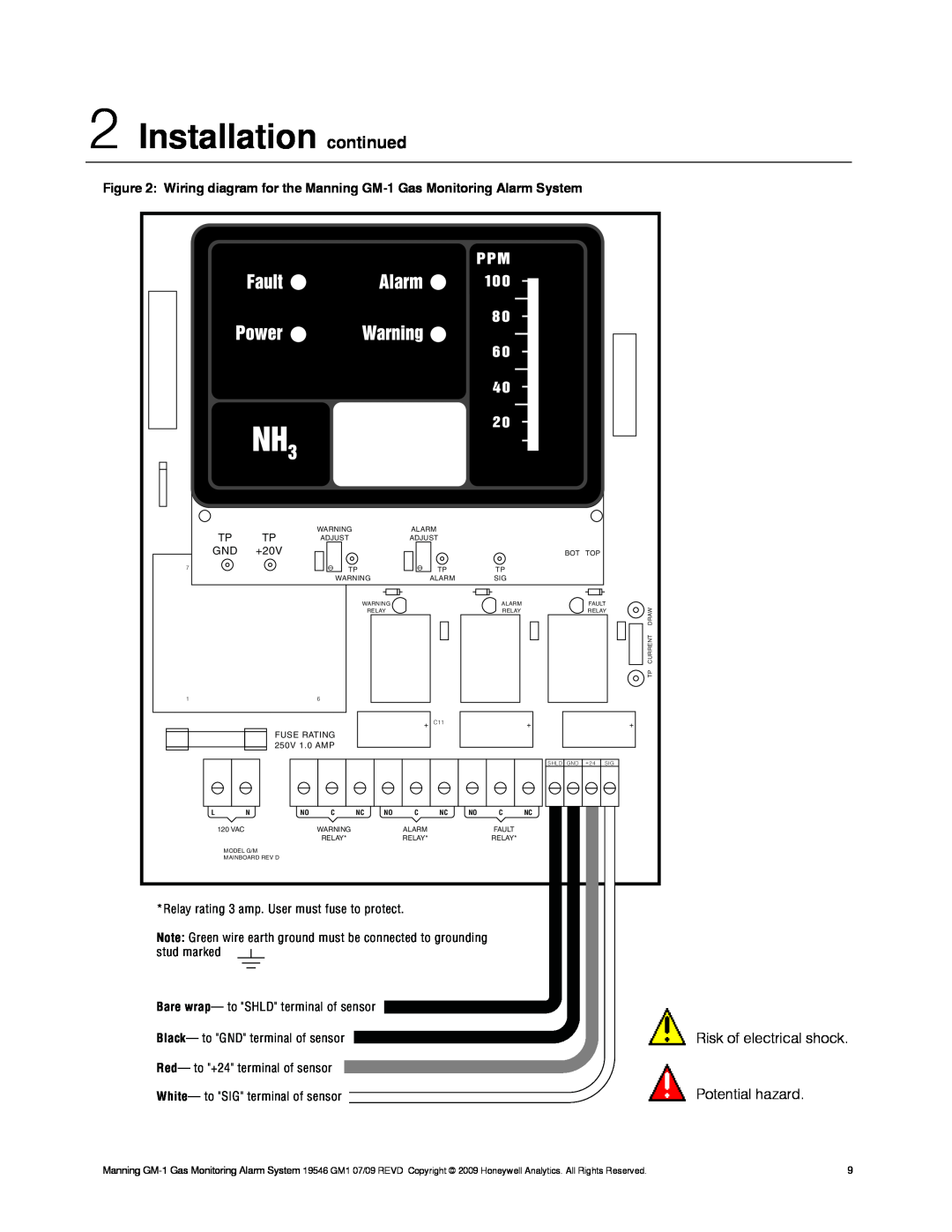 Honeywell 19546GM1, GM-1 installation manual Installation continued, Risk of electrical shock Potential hazard 