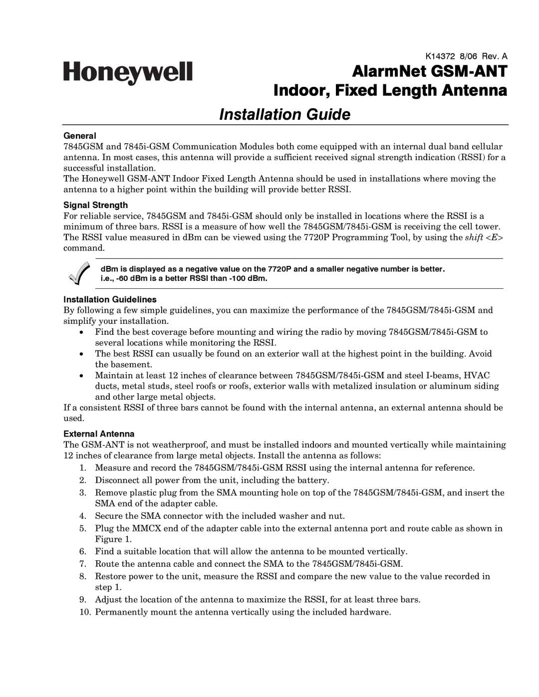 Honeywell GSM-ANT manual General, Signal Strength, Installation Guidelines, External Antenna 