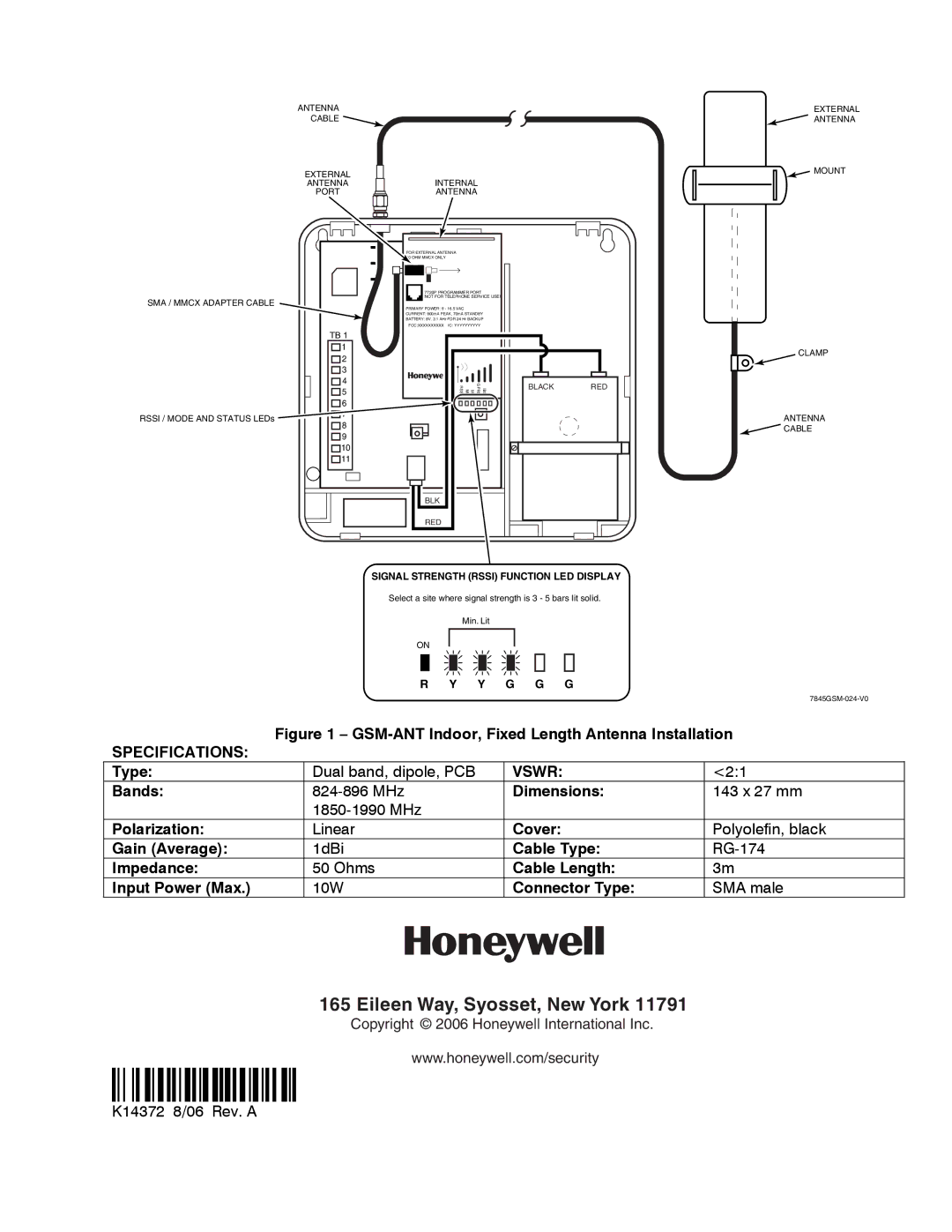 Honeywell GSM-ANT manual Specifications, Type Dual band, dipole, PCB, Vswr, Rssi / Mode and Status LEDs 