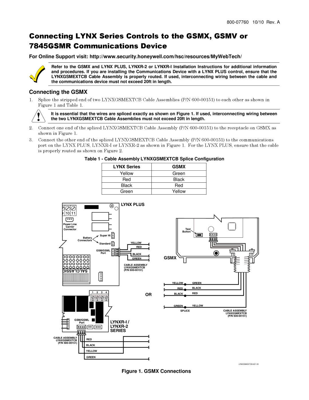 Honeywell gsmv, gsmx installation instructions Connecting the Gsmx, 800-07760 10/10 Rev. a, Yellow Red Black Green 