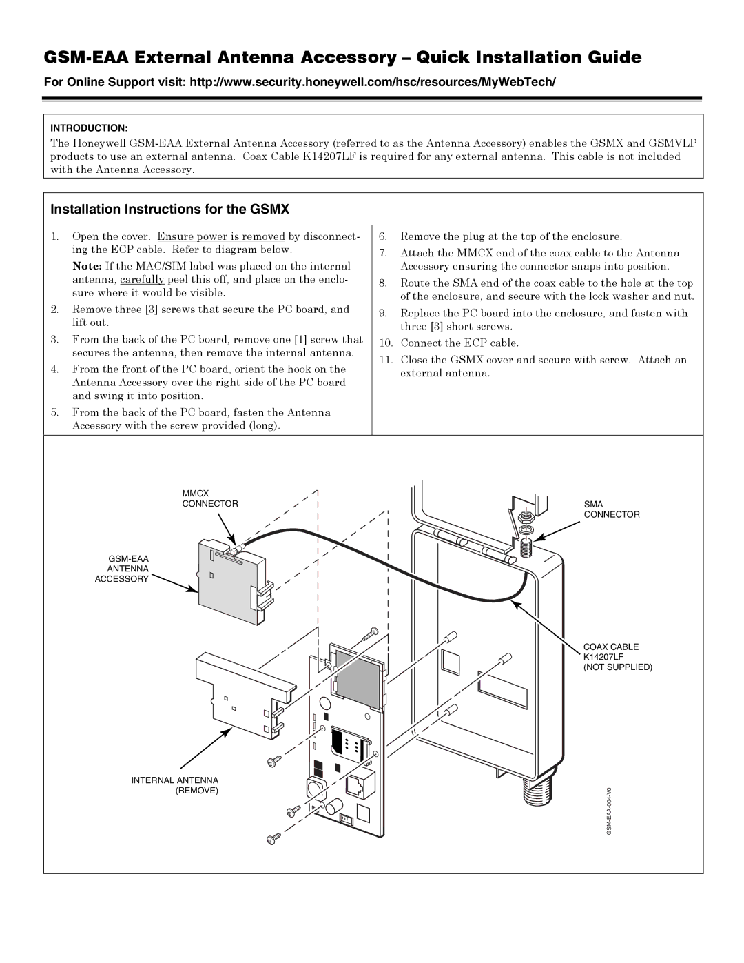 Honeywell gsmx installation instructions GSM-EAA External Antenna Accessory Quick Installation Guide 