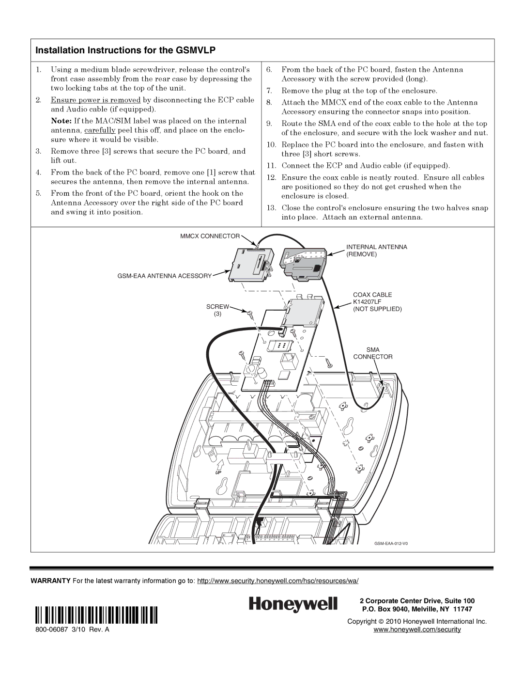 Honeywell gsmx installation instructions Installation Instructions for the Gsmvlp 