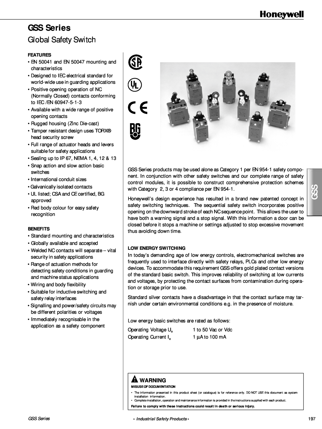 Honeywell GSS Series manual Global Safety Switch, Features, Benefits, Low Energy Switching 
