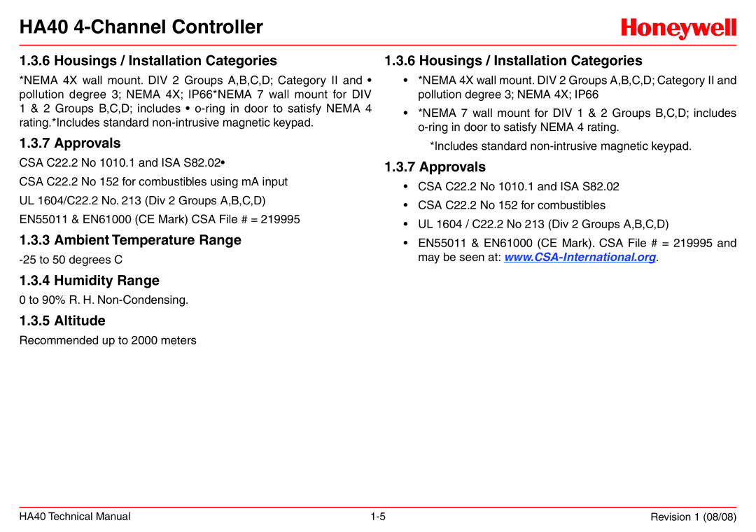 Honeywell HA40 technical manual Housings / Installation Categories, Approvals 