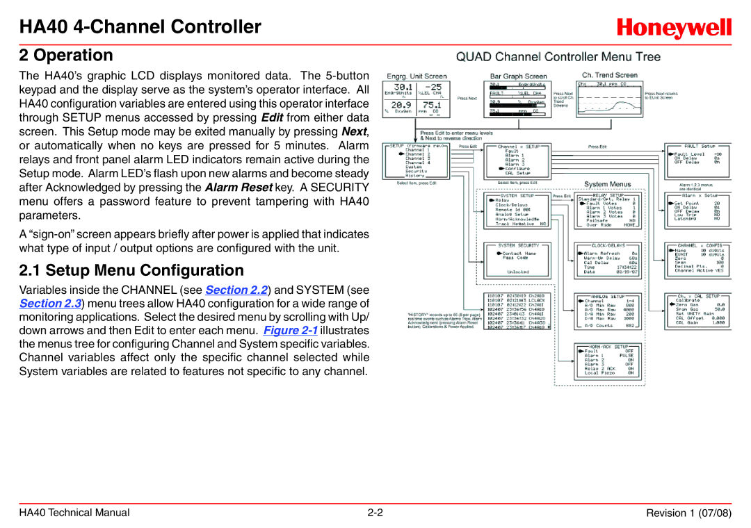 Honeywell HA40 technical manual Operation, Setup Menu Configuration 