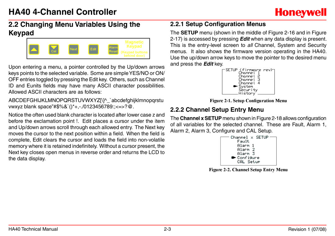 Honeywell HA40 Changing Menu Variables Using the Keypad, Setup Configuration Menus, Channel Setup Entry Menu 