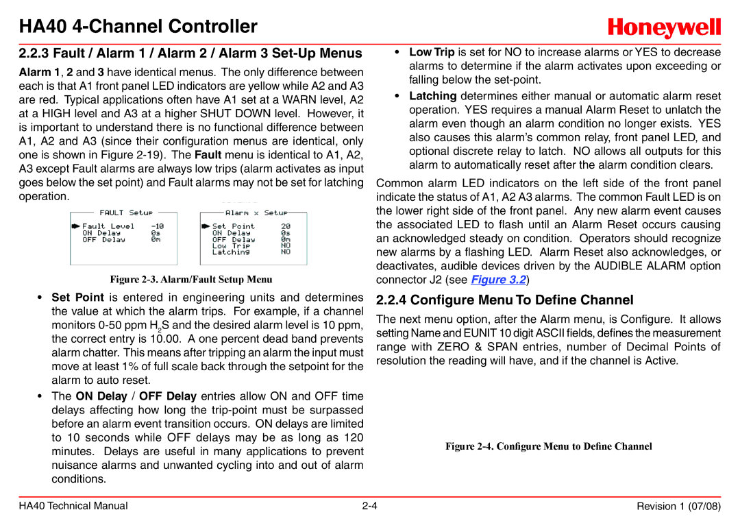 Honeywell HA40 technical manual Fault / Alarm 1 / Alarm 2 / Alarm 3 Set-Up Menus, Configure Menu To Define Channel 