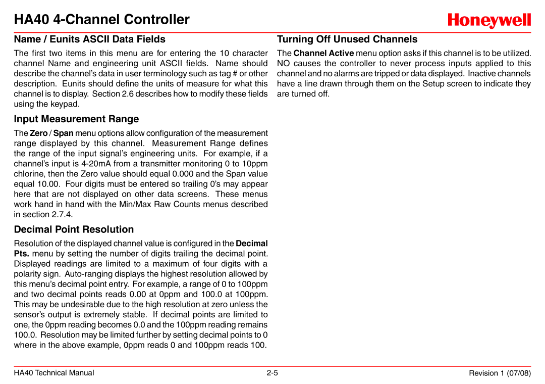 Honeywell HA40 technical manual Name / Eunits Ascii Data Fields, Input Measurement Range, Decimal Point Resolution 