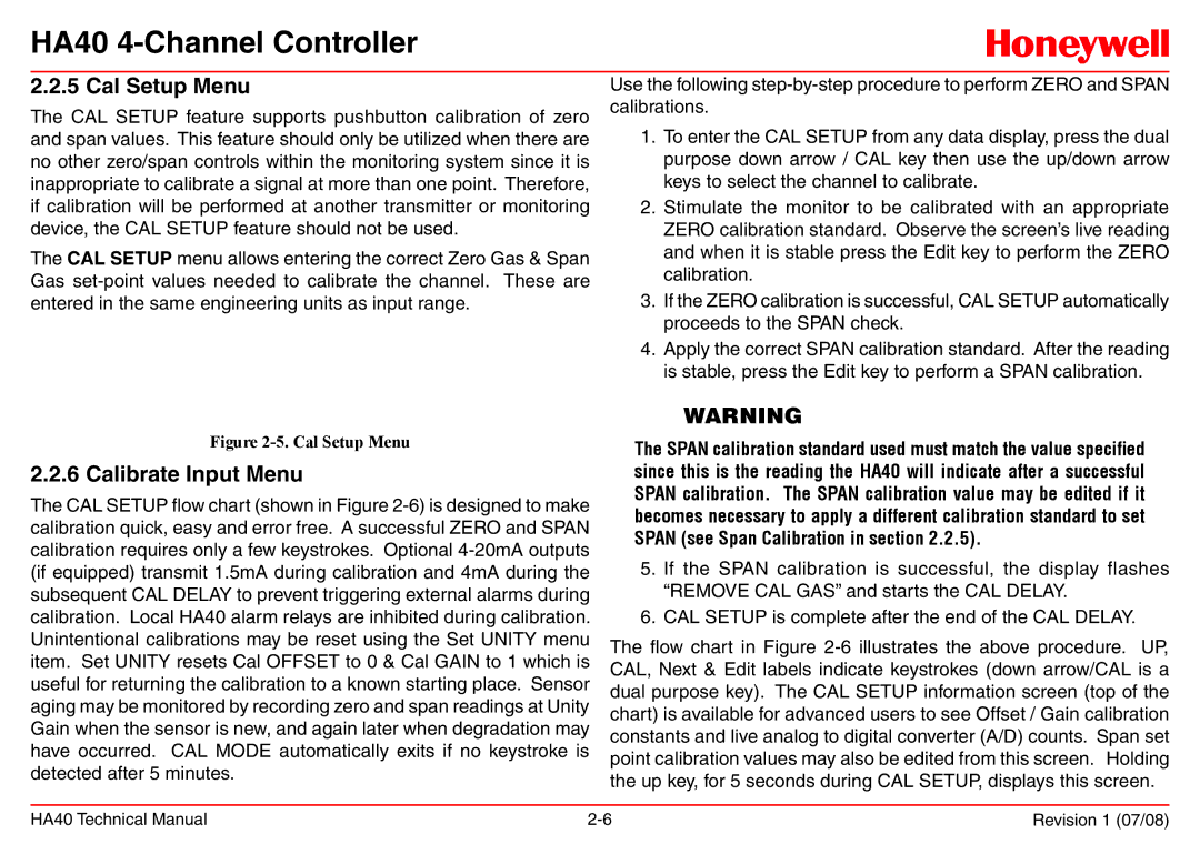 Honeywell HA40 technical manual Cal Setup Menu, Calibrate Input Menu 