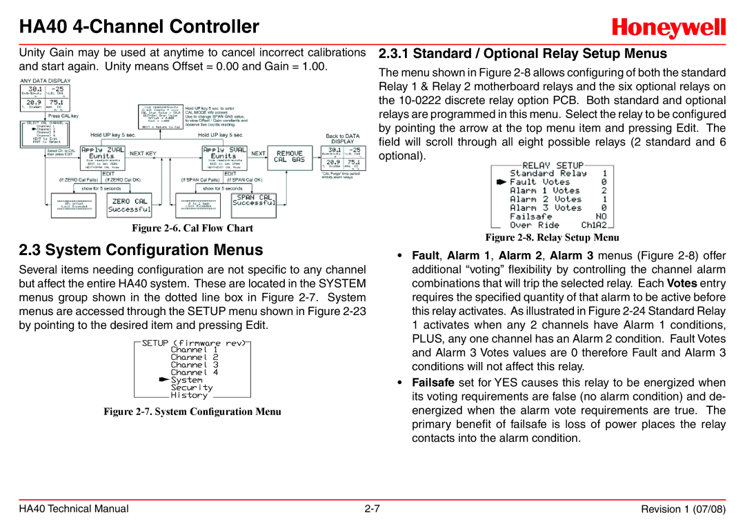 Honeywell HA40 technical manual System Configuration Menus, Standard / Optional Relay Setup Menus 