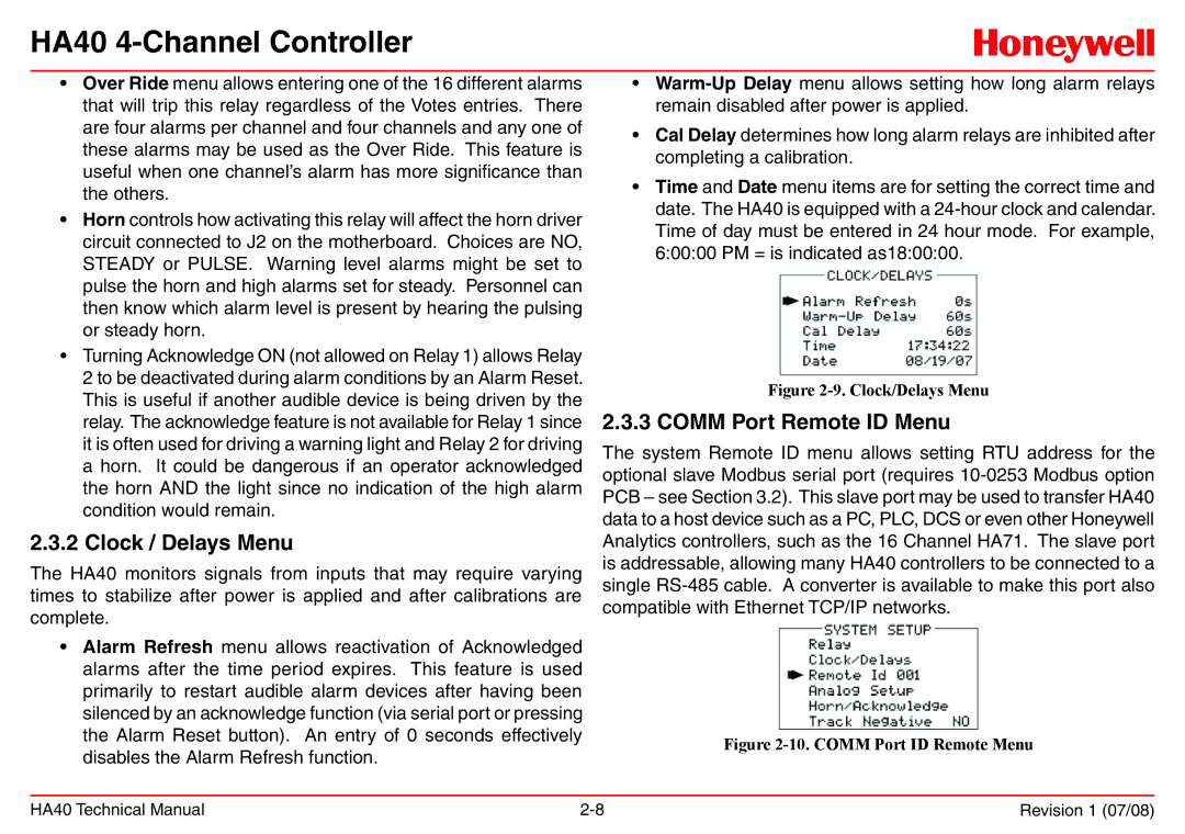 Honeywell HA40 technical manual Clock / Delays Menu, Comm Port Remote ID Menu 