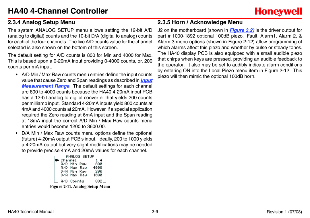 Honeywell HA40 technical manual Analog Setup Menu, Horn / Acknowledge Menu 