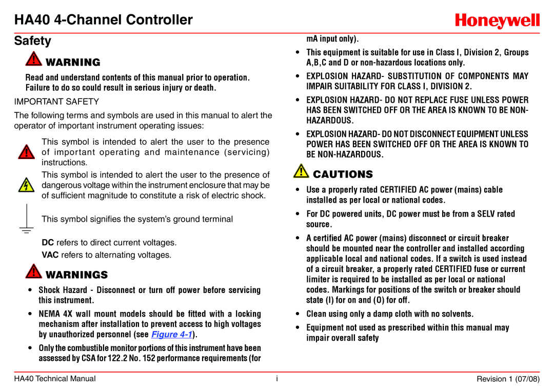 Honeywell technical manual HA40 4-Channel Controller, Safety 