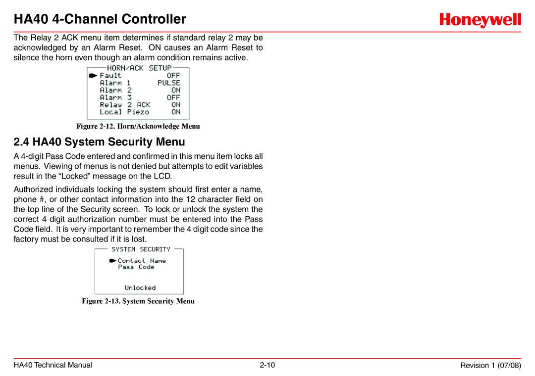 Honeywell technical manual HA40 System Security Menu, Horn/Acknowledge Menu 