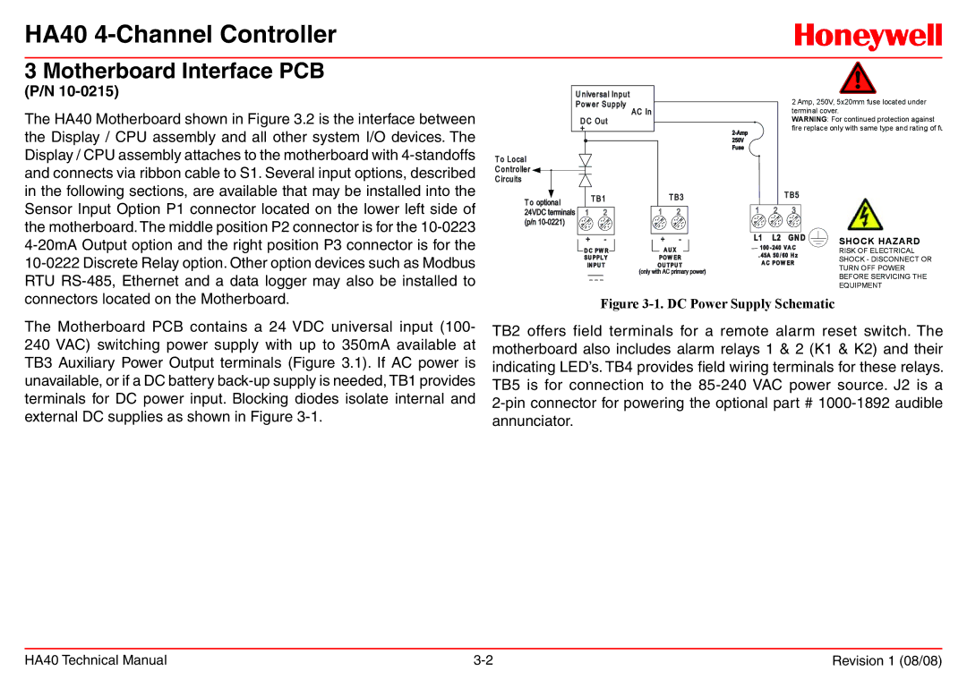 Honeywell HA40 technical manual Motherboard Interface PCB, Shock Hazard 