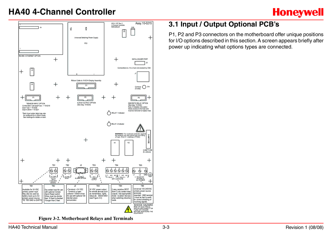 Honeywell HA40 technical manual Input / Output Optional PCB’s, RS-R85 / Ethernet Option Sensor Input Option 