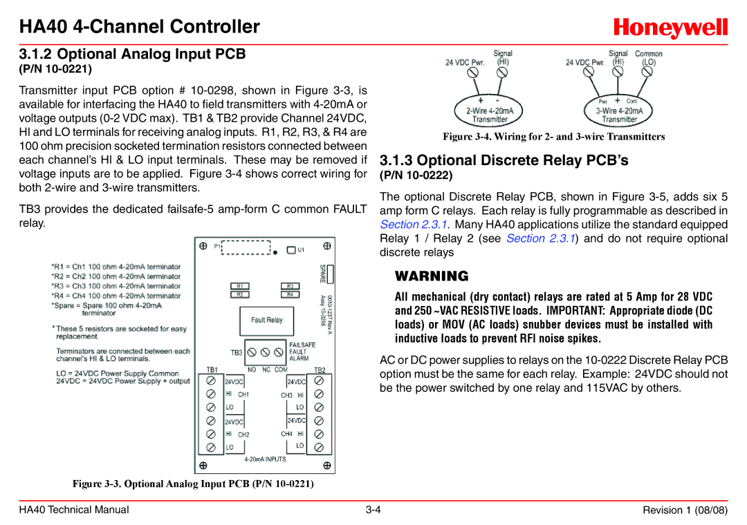 Honeywell HA40 technical manual Optional Analog Input PCB 