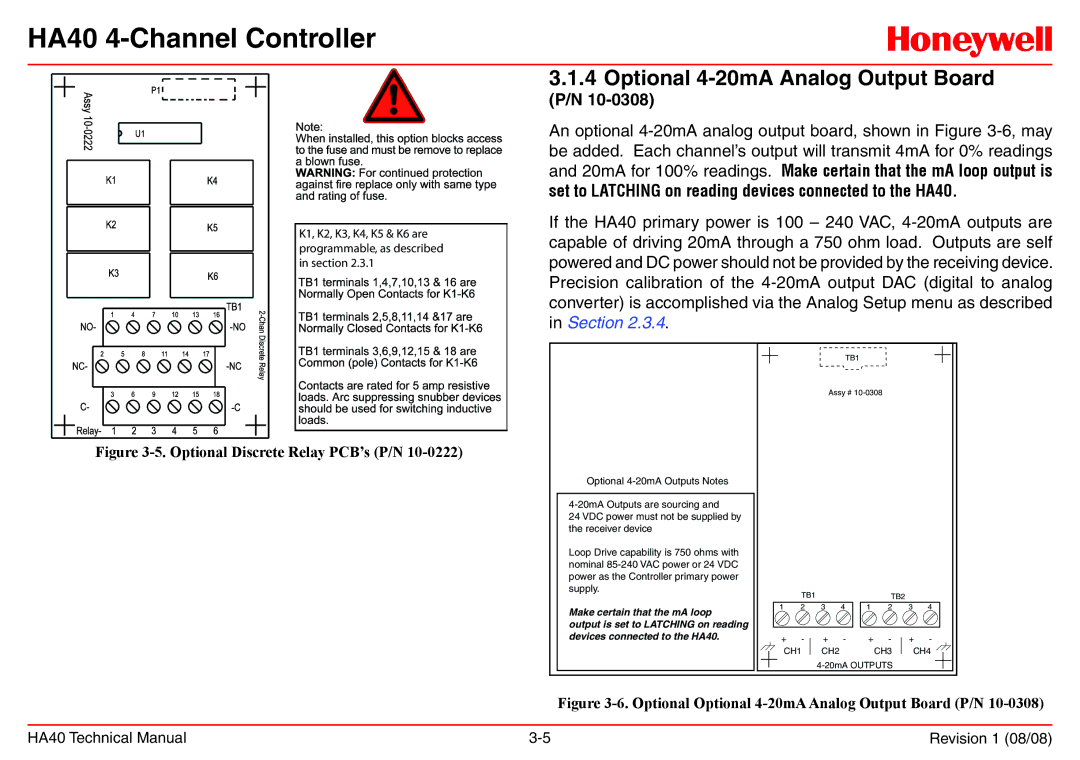 Honeywell HA40 technical manual Optional 4-20mA Analog Output Board 