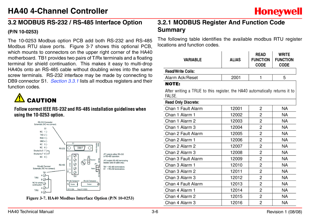 Honeywell HA40 technical manual Modbus RS-232 / RS-485 Interface Option 