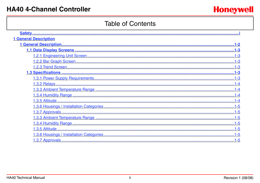 Honeywell HA40 technical manual Table of Contents 