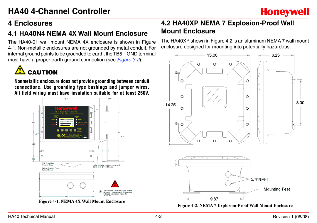 Honeywell technical manual Enclosures, HA40XP Nema 7 Explosion-Proof Wall, HA40N4 Nema 4X Wall Mount Enclosure 