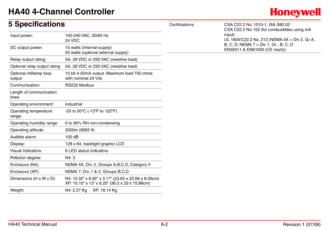 Honeywell HA40 technical manual Specifications 