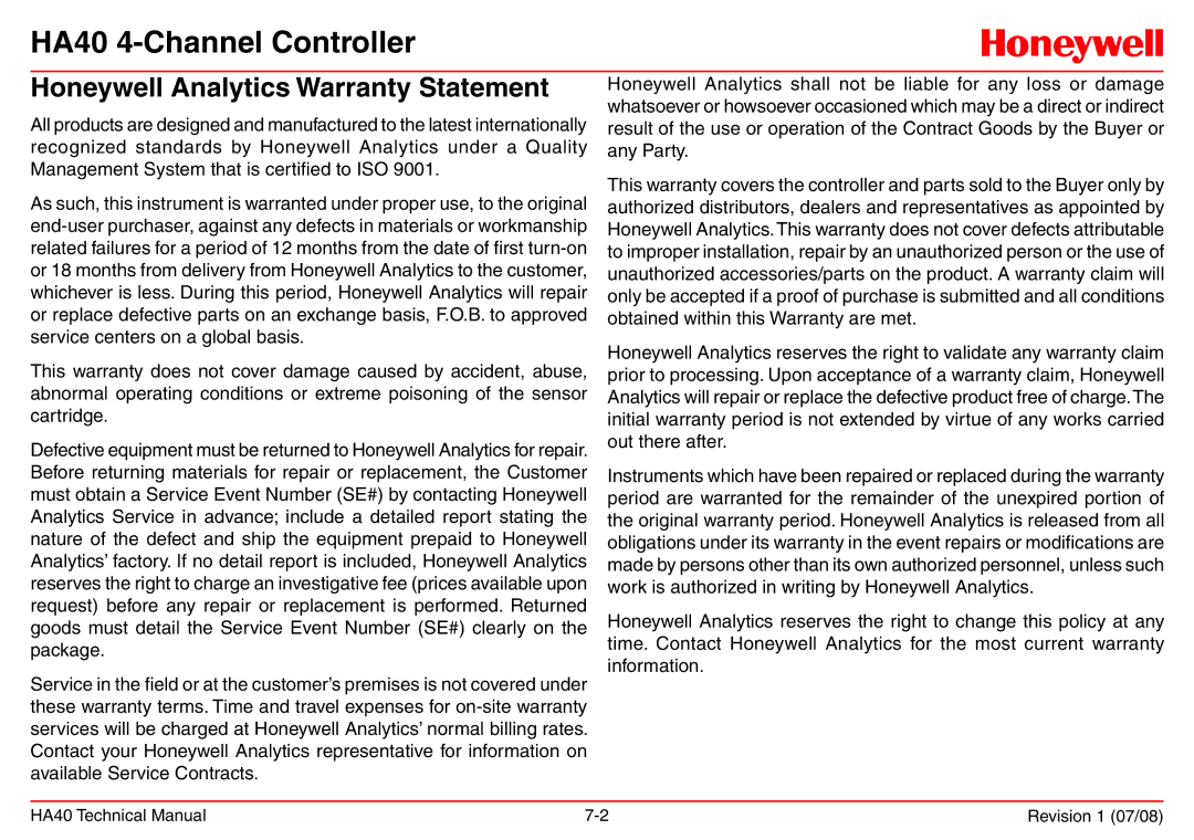 Honeywell HA40 technical manual Honeywell Analytics Warranty Statement 
