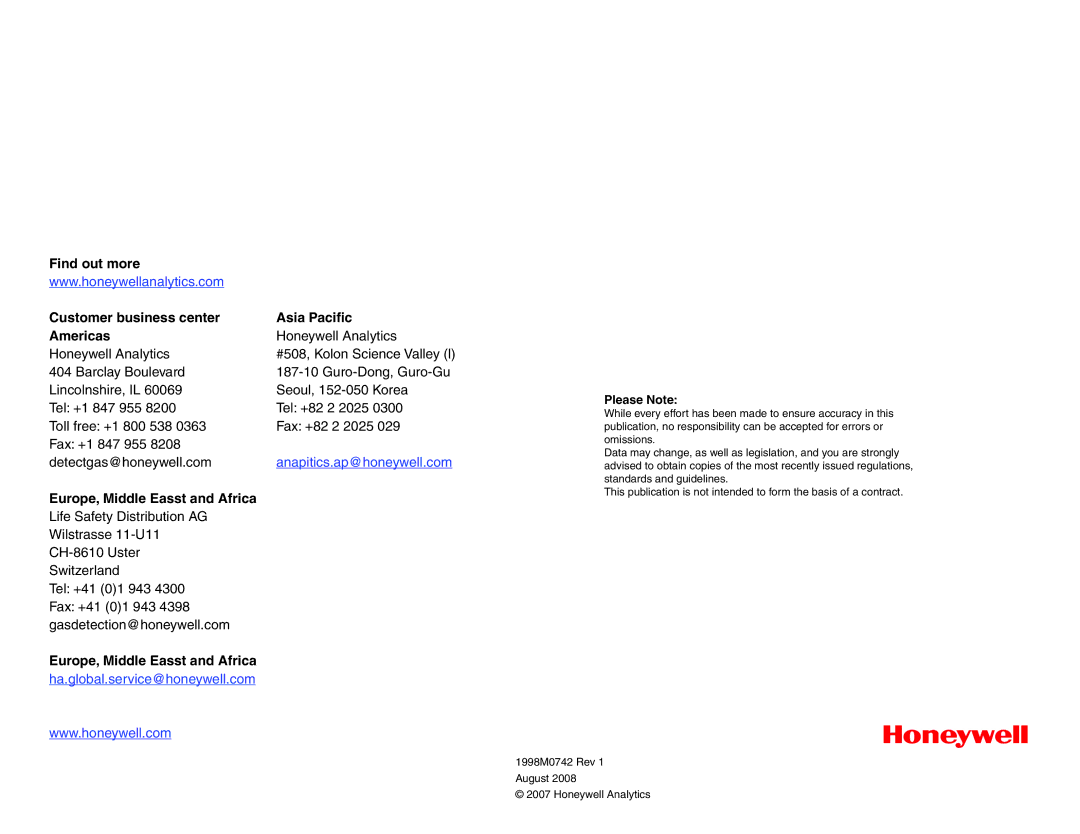 Honeywell HA40 technical manual Find out more Customer business center Asia Pacific Americas 