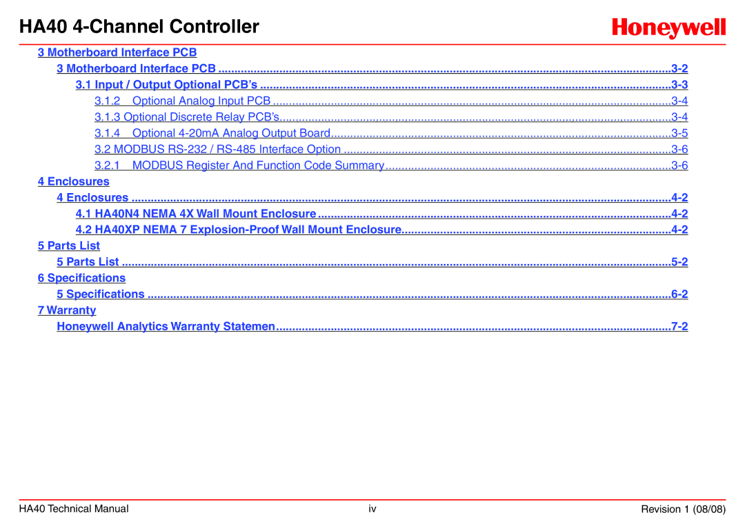 Honeywell HA40 technical manual Parts List 