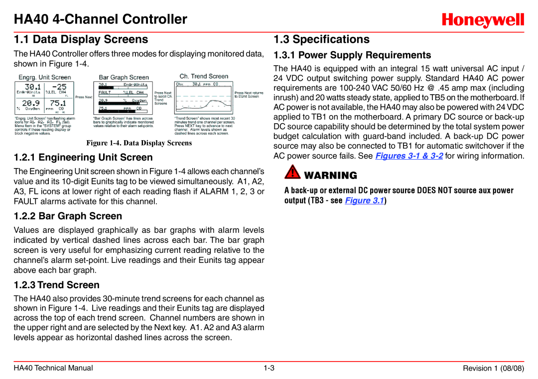 Honeywell HA40 technical manual Data Display Screens, Specifications 