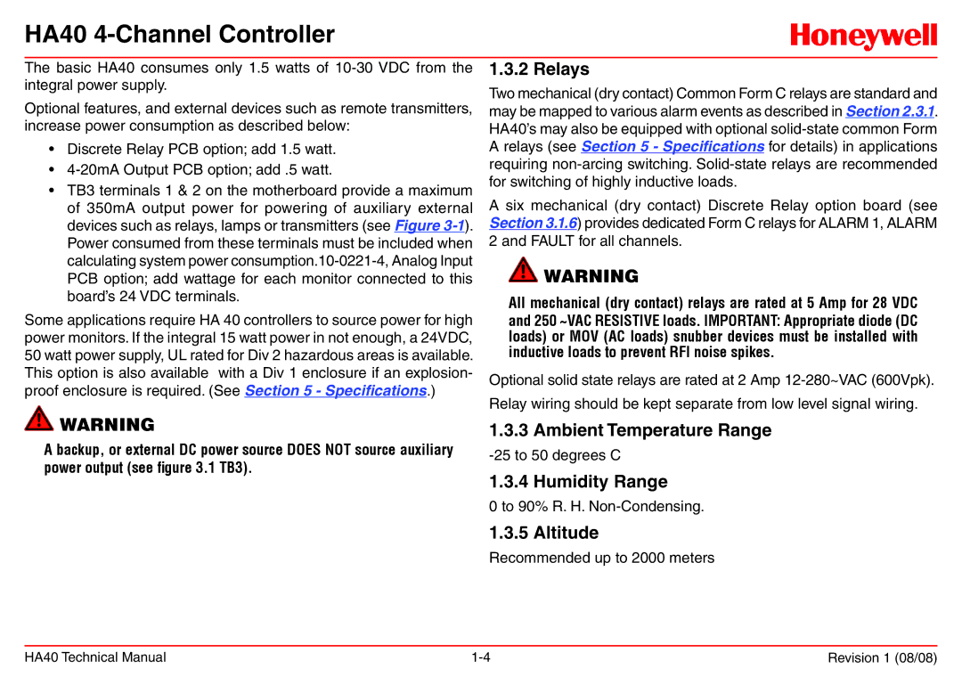 Honeywell HA40 technical manual Relays, Ambient Temperature Range, Humidity Range, Altitude 