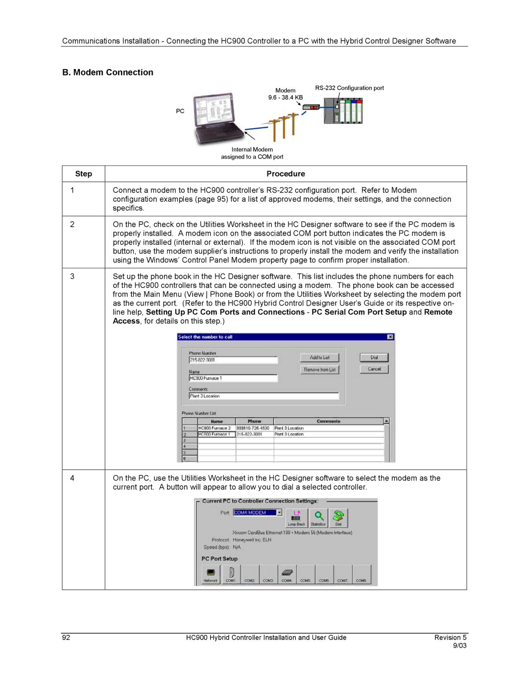 Honeywell HC900 manual Modem Connection, Step Procedure 