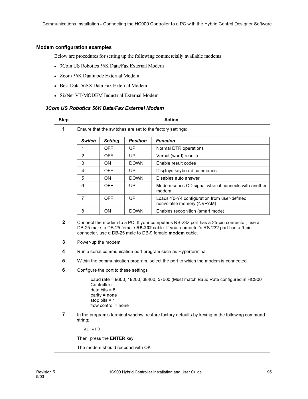 Honeywell HC900 manual Modem configuration examples, 3Com US Robotics 56K Data/Fax External Modem 