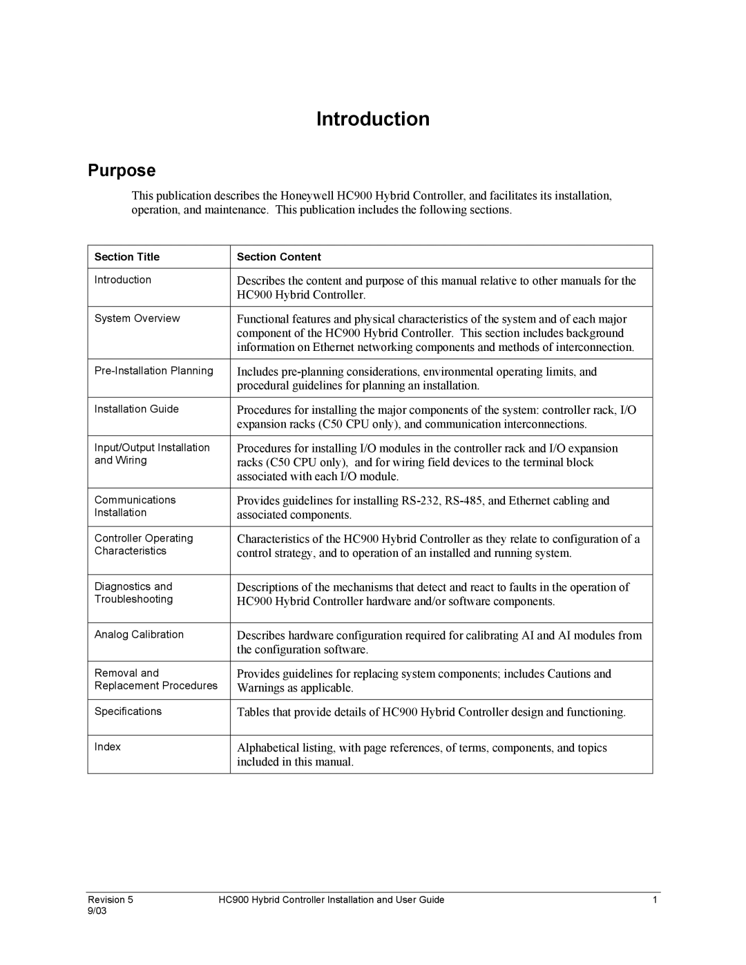 Honeywell HC900 manual Introduction, Purpose, Section Title Section Content 