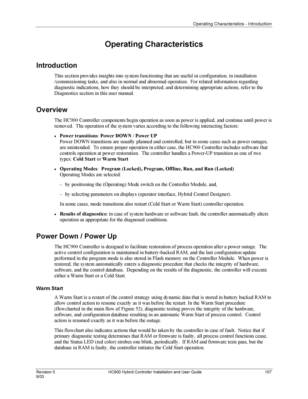 Honeywell HC900 manual Operating Characteristics, Introduction Overview, Power Down / Power Up, Warm Start 