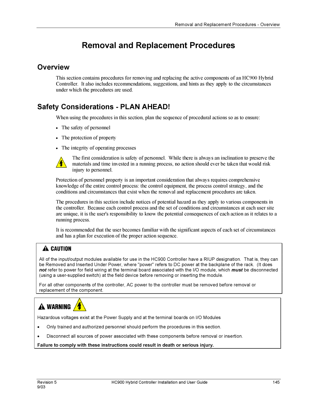 Honeywell HC900 manual Removal and Replacement Procedures, Safety Considerations Plan Ahead 