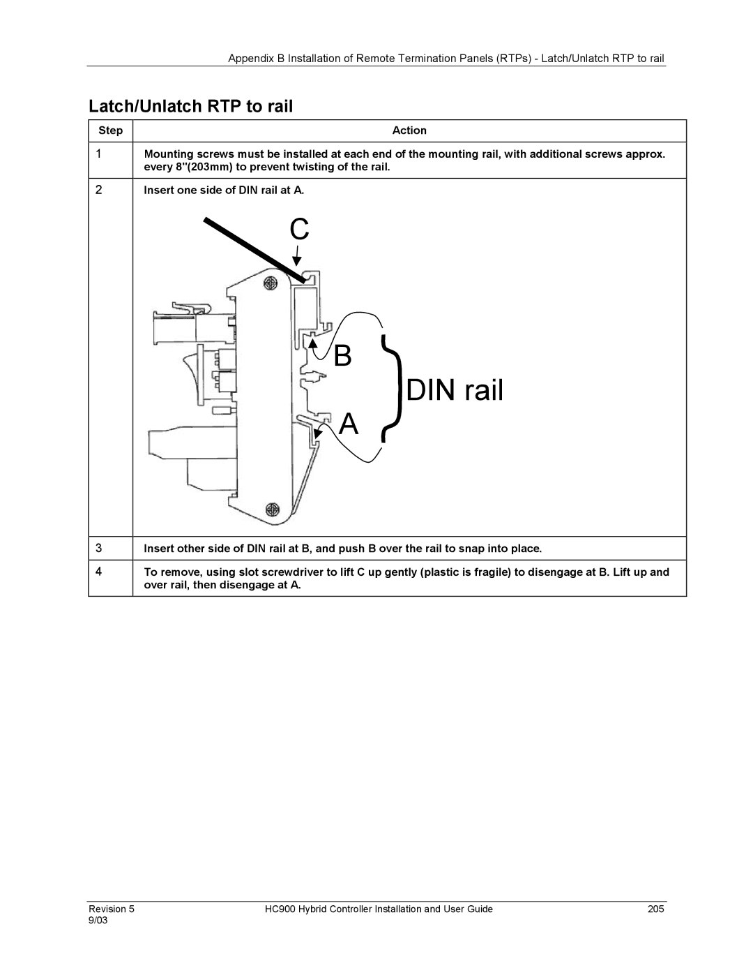 Honeywell HC900 manual DIN rail, Latch/Unlatch RTP to rail 