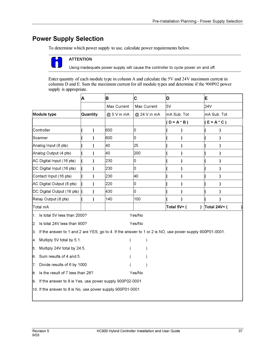 Honeywell HC900 manual Power Supply Selection 