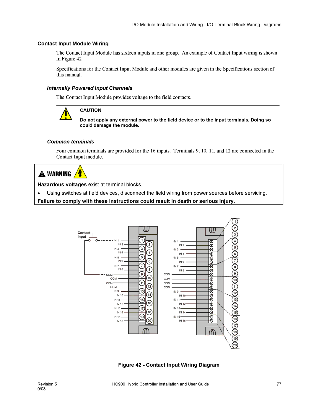 Honeywell HC900 manual Contact Input Module Wiring, Internally Powered Input Channels 