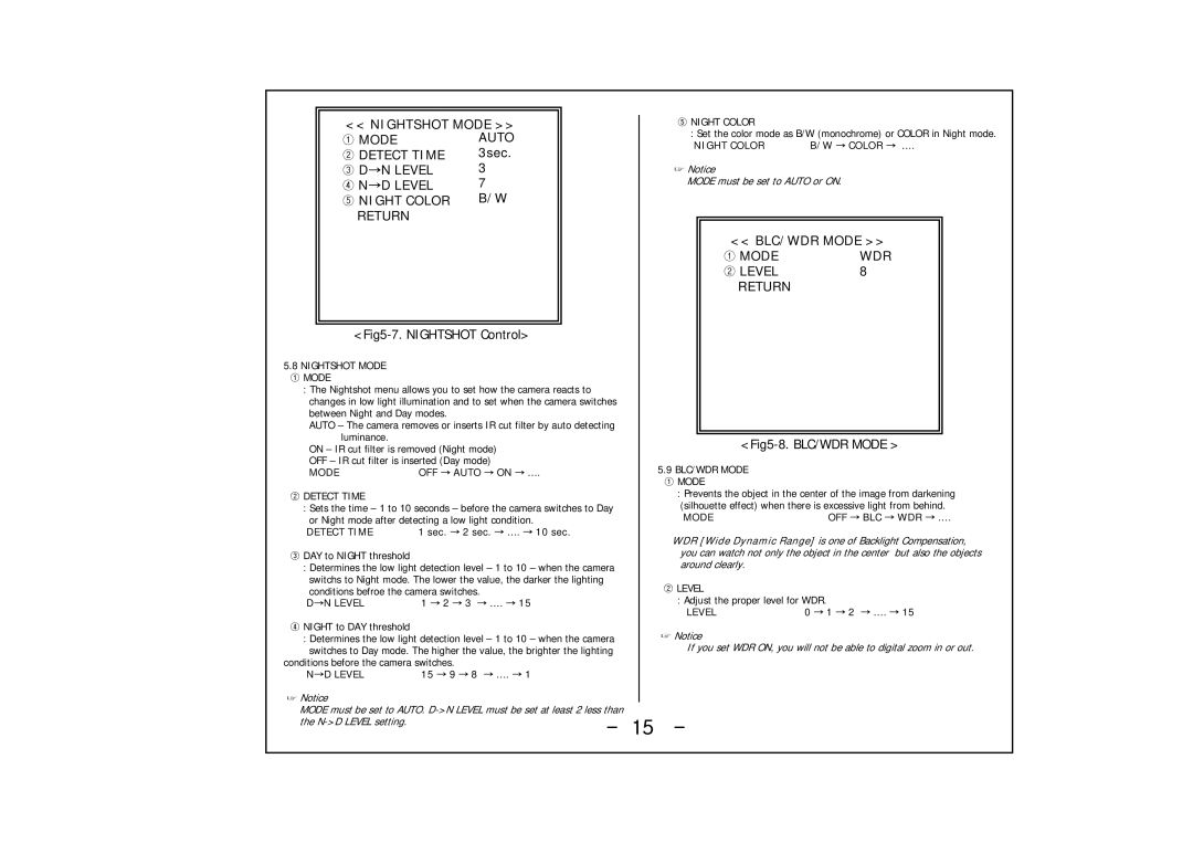 Honeywell HCC-745NTW/PTW Nightshot Mode ① Mode Auto ② Detect Time, ③ D →N Level ④ N →D Level ⑤ Night Color Return 