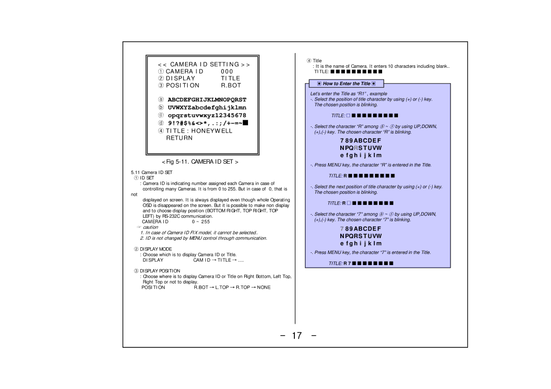 Honeywell HCC-745NTW/PTW operation manual Camera ID SET, Display, Position 