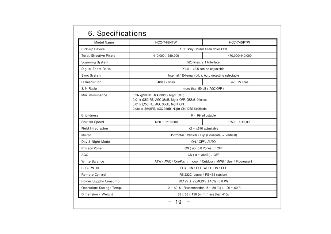 Honeywell HCC-745NTW/PTW operation manual Specifications, On / OFF / Auto 