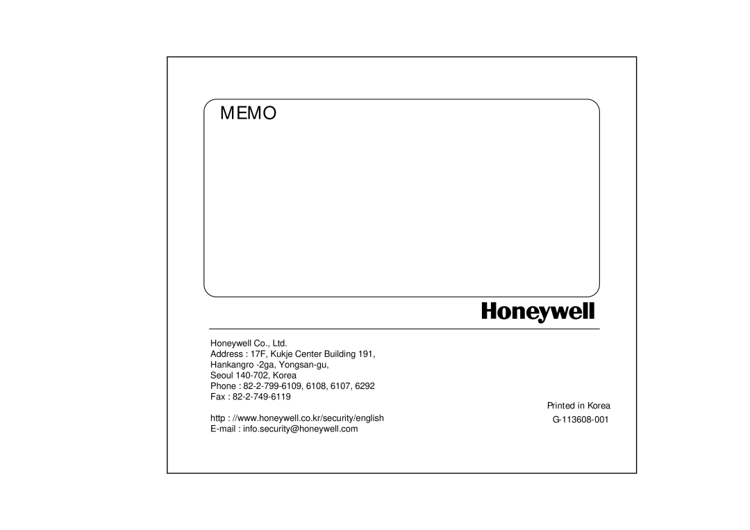 Honeywell HCC-745NTW/PTW operation manual Memo 