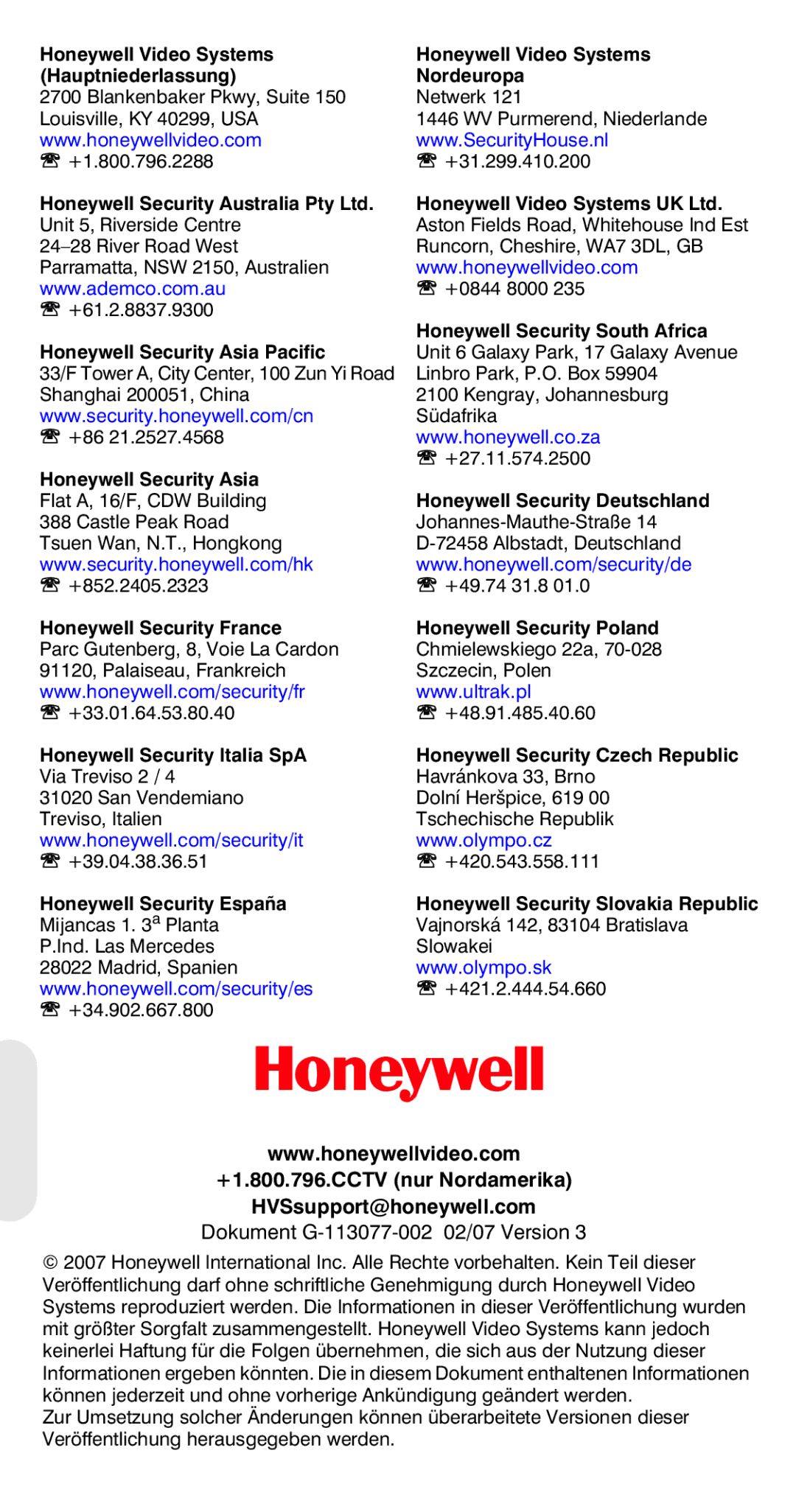 Honeywell HCC334L manual Honeywell Video Systems Hauptniederlassung 