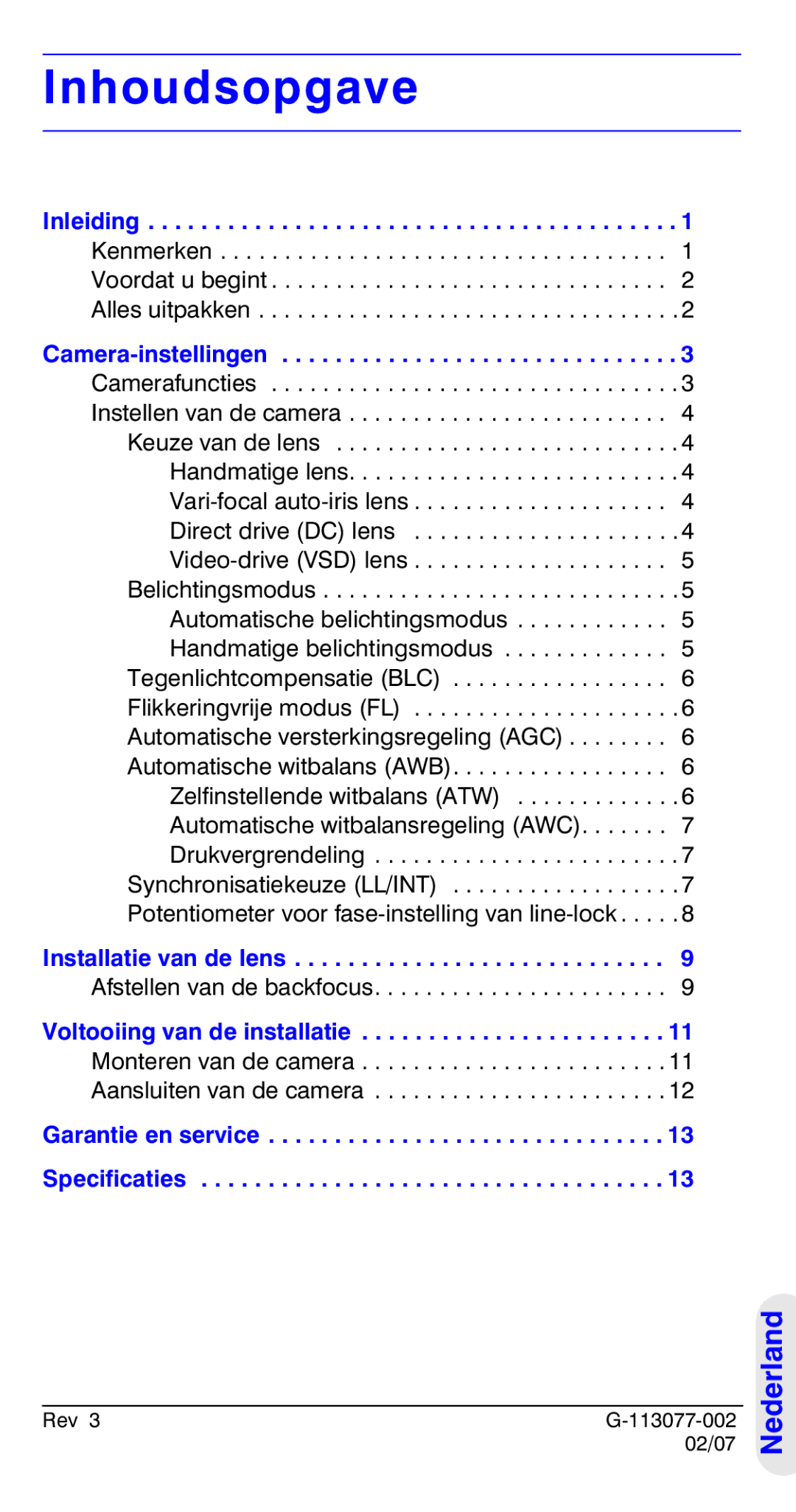 Honeywell HCC334L Inhoudsopgave, Inleiding, Camera-instellingen, Installatie van de lens, Voltooiing van de installatie 