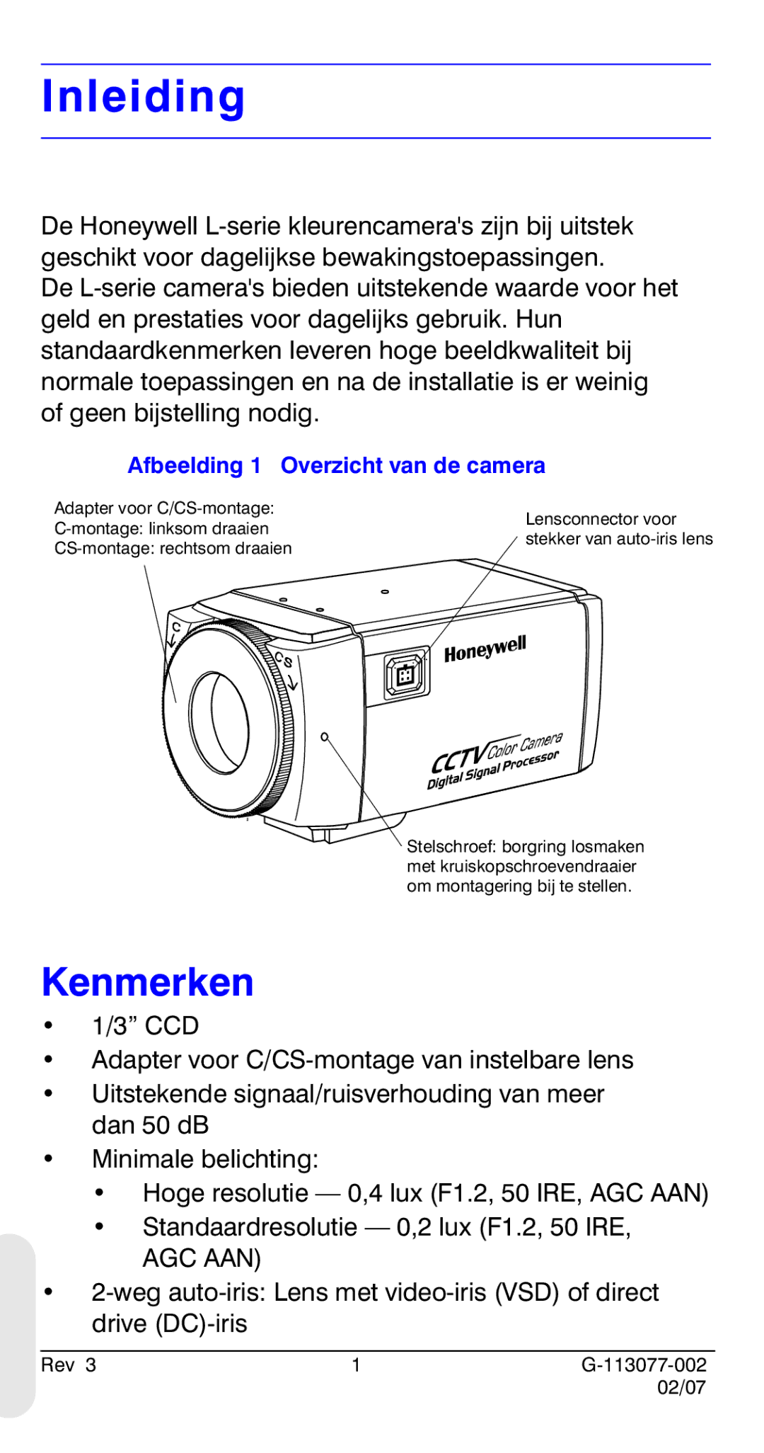 Honeywell HCC334L manual Inleiding, Kenmerken, Afbeelding 1 Overzicht van de camera 