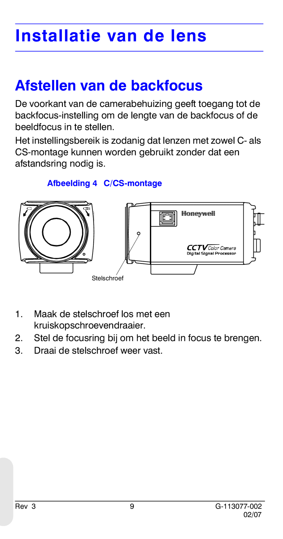 Honeywell HCC334L manual Installatie van de lens, Afstellen van de backfocus, Afbeelding 4 C/CS-montage 